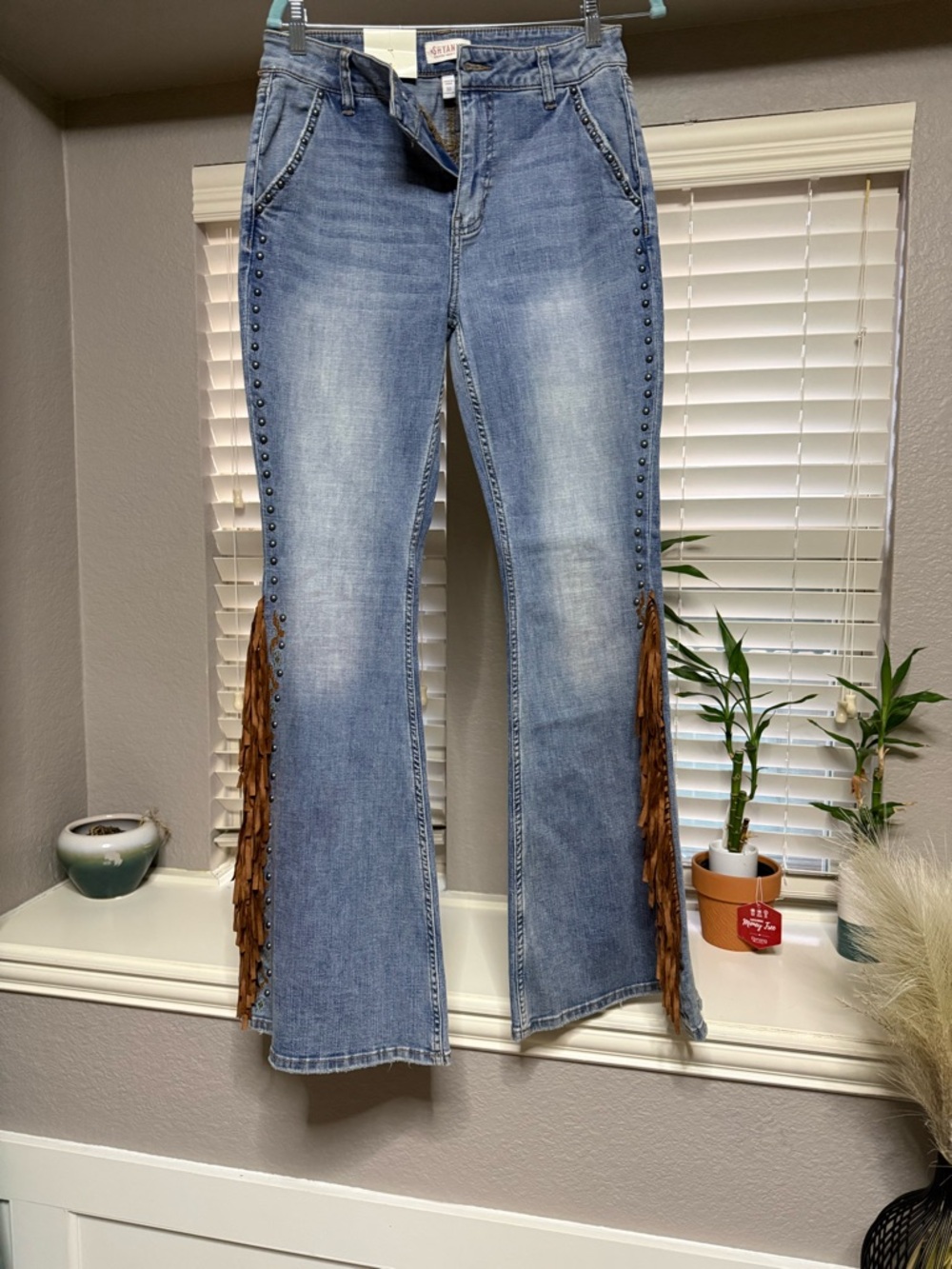 Shyanne Light Blue Denim Wide Leg Jeans with Brown Fringe